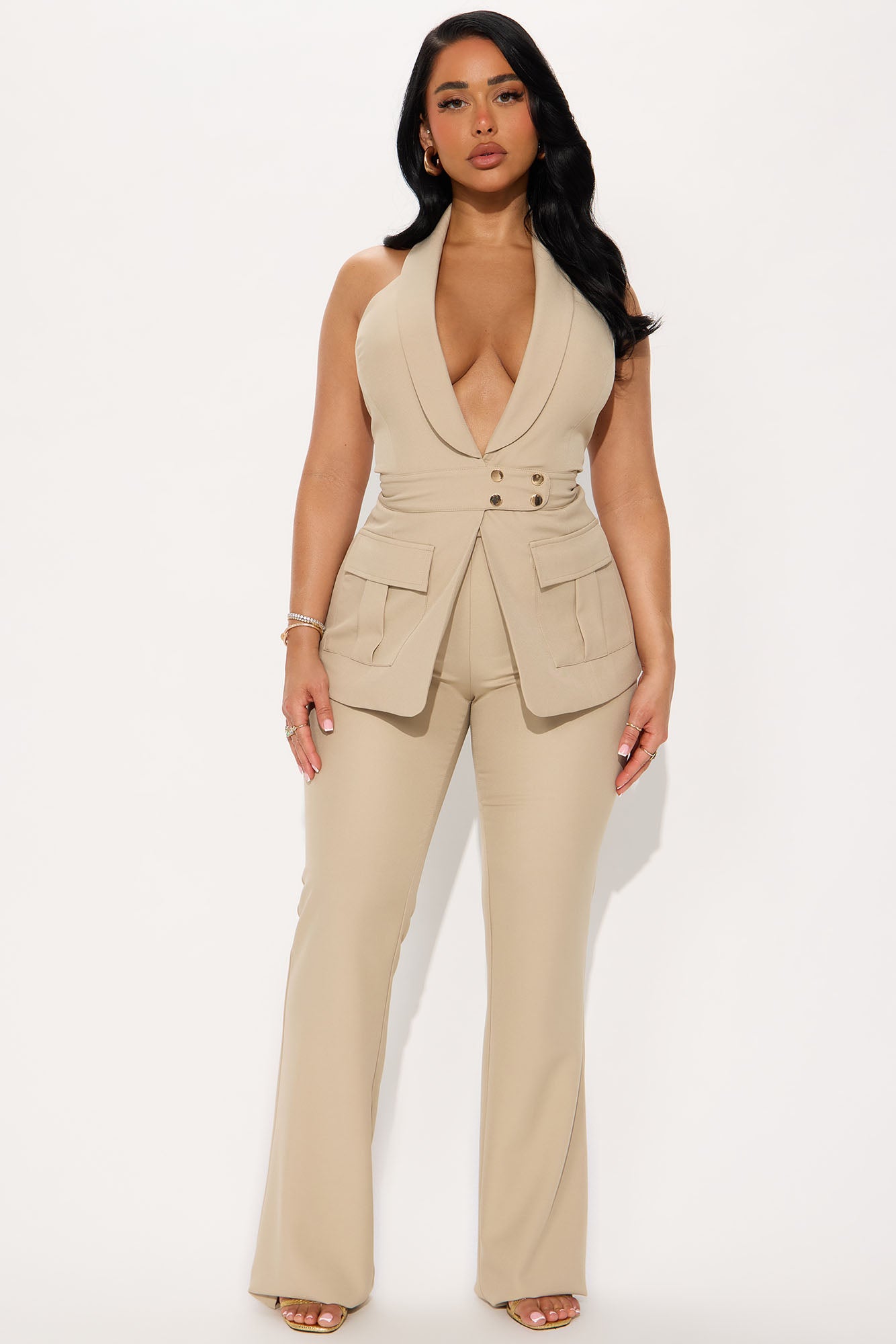 Power Status Office Halter Vest Pant Set - Taupe