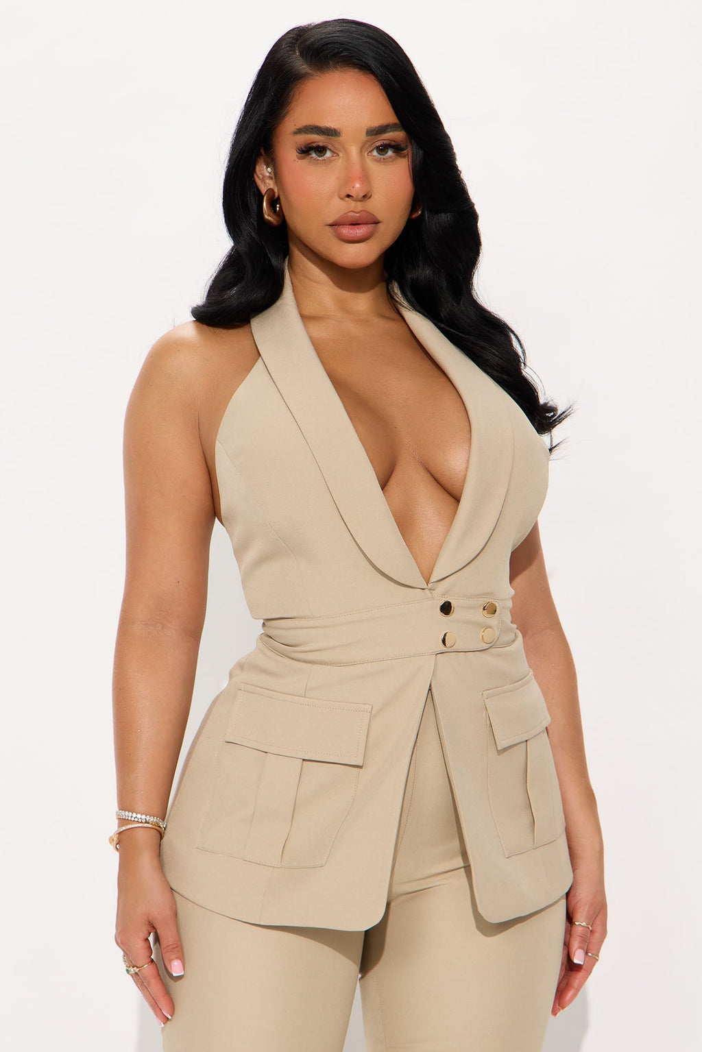 Power Status Office Halter Vest Pant Set - Taupe