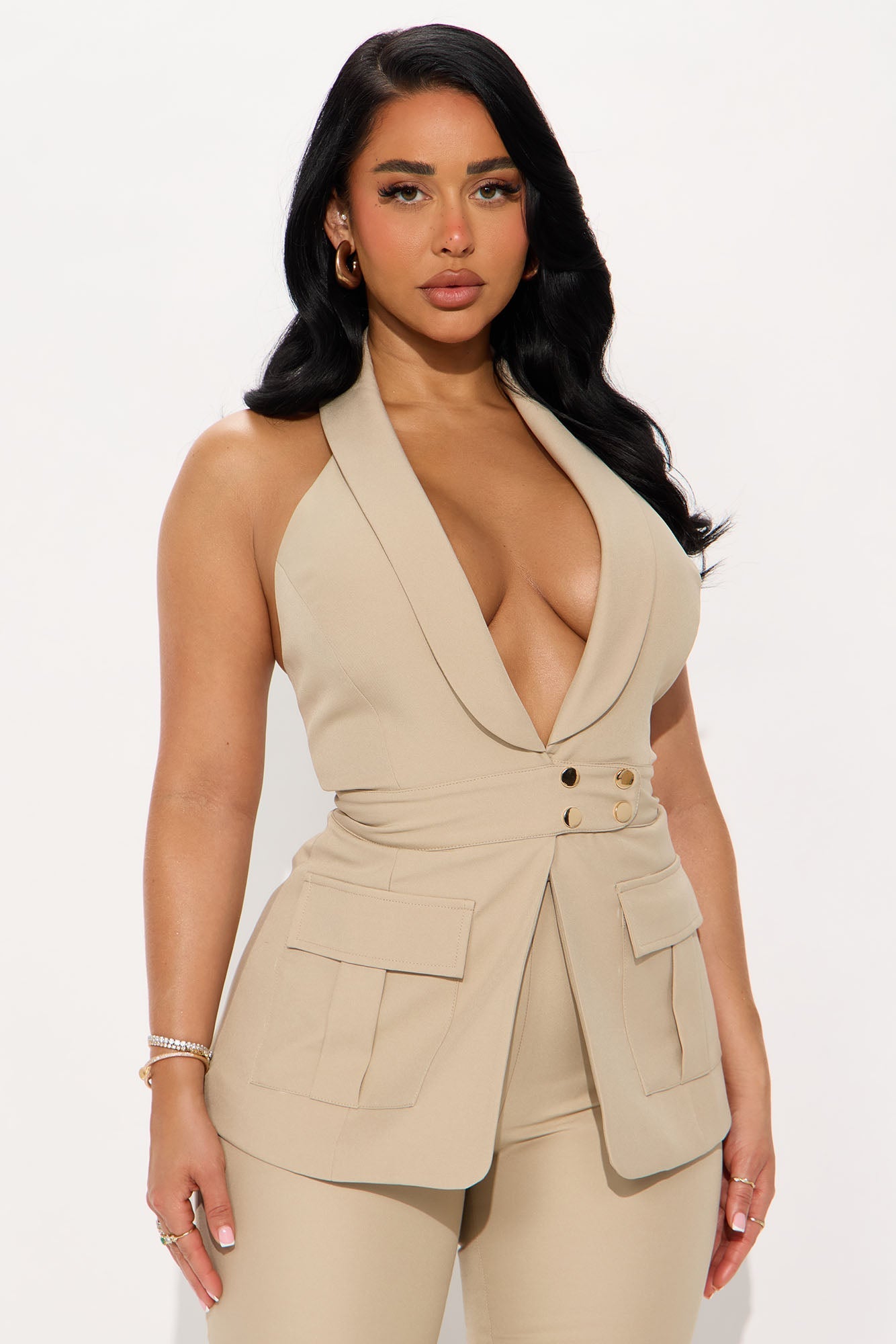 Power Status Office Halter Vest Pant Set - Taupe