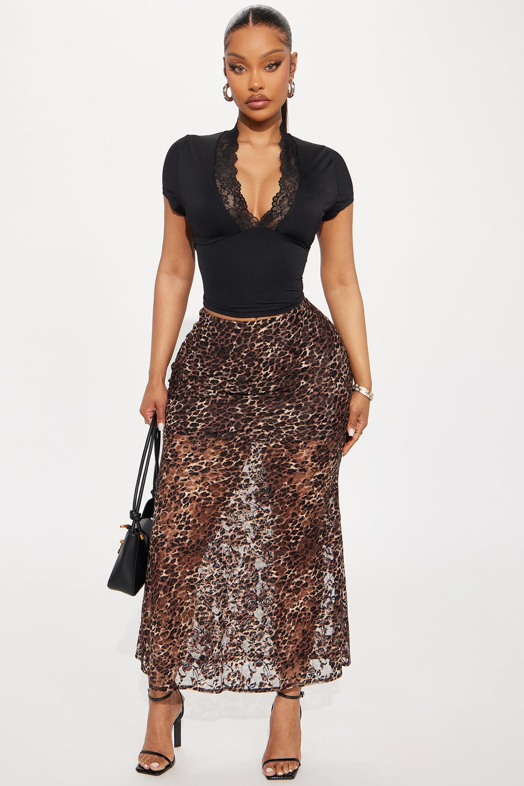 On The Prowl Leopard Print Lace Midi Skirt - Brown/combo