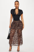 On The Prowl Leopard Print Lace Midi Skirt - Brown/combo