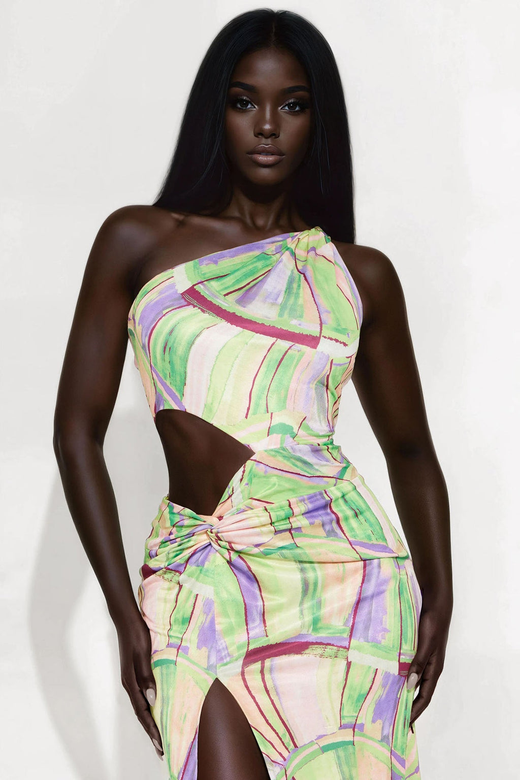 Selene One Shoulder Maxi Dress - Green/combo