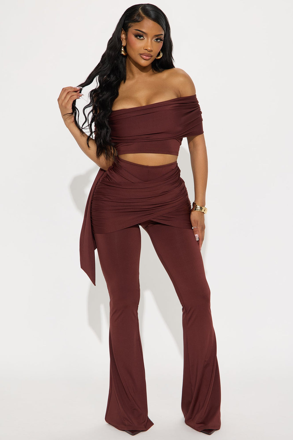 All Wrapped Up Off Shoulder Pant Set - Chocolate