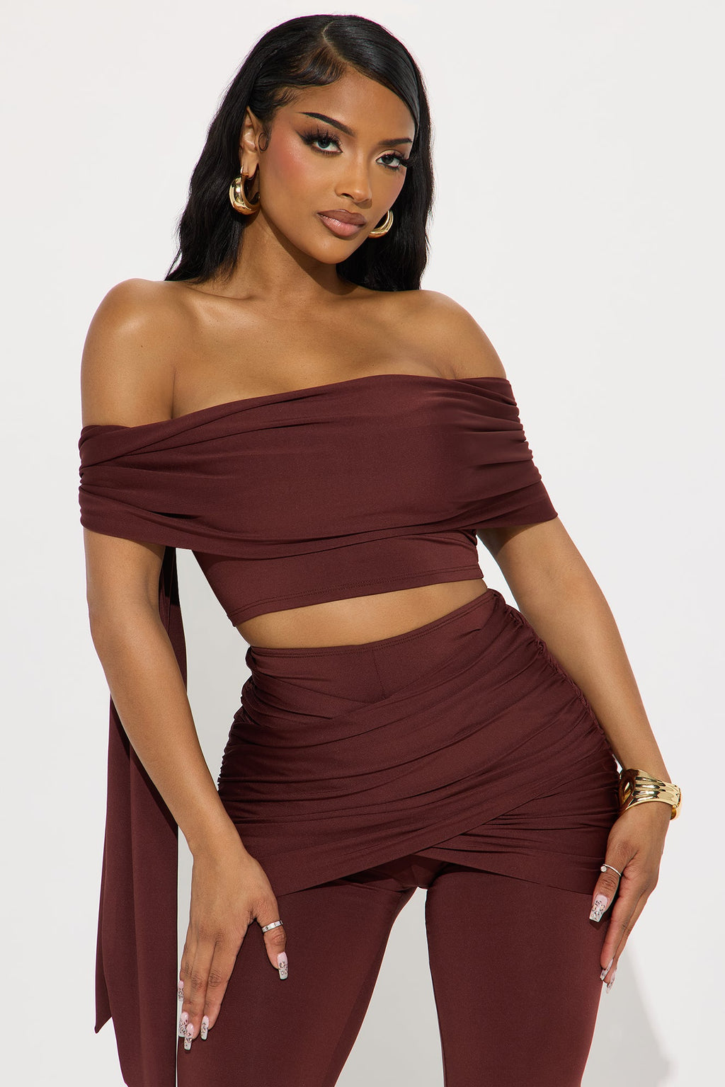 All Wrapped Up Off Shoulder Pant Set - Chocolate