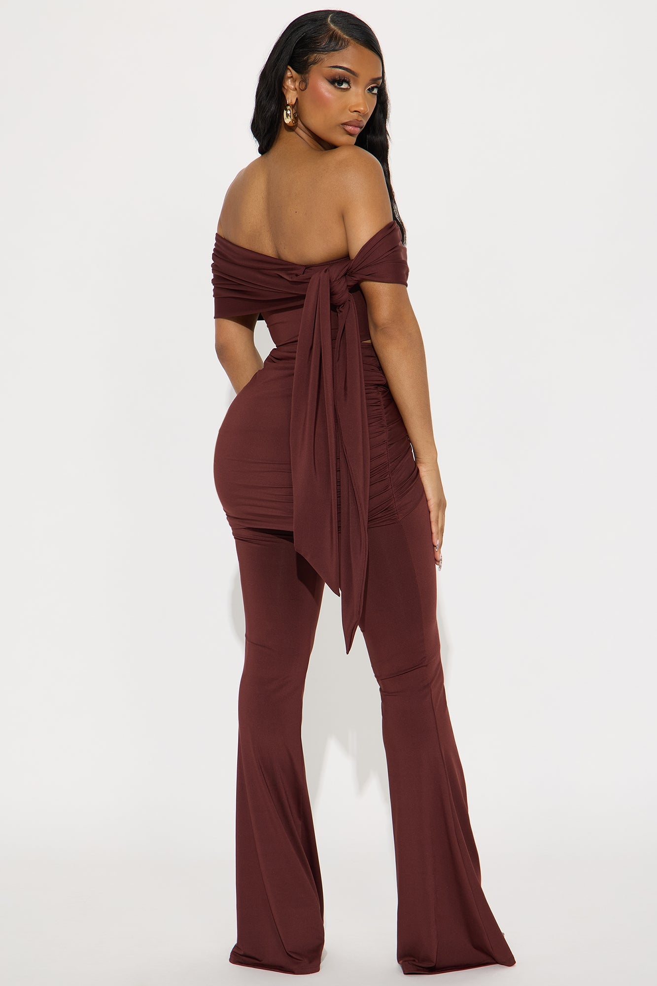 All Wrapped Up Off Shoulder Pant Set - Chocolate