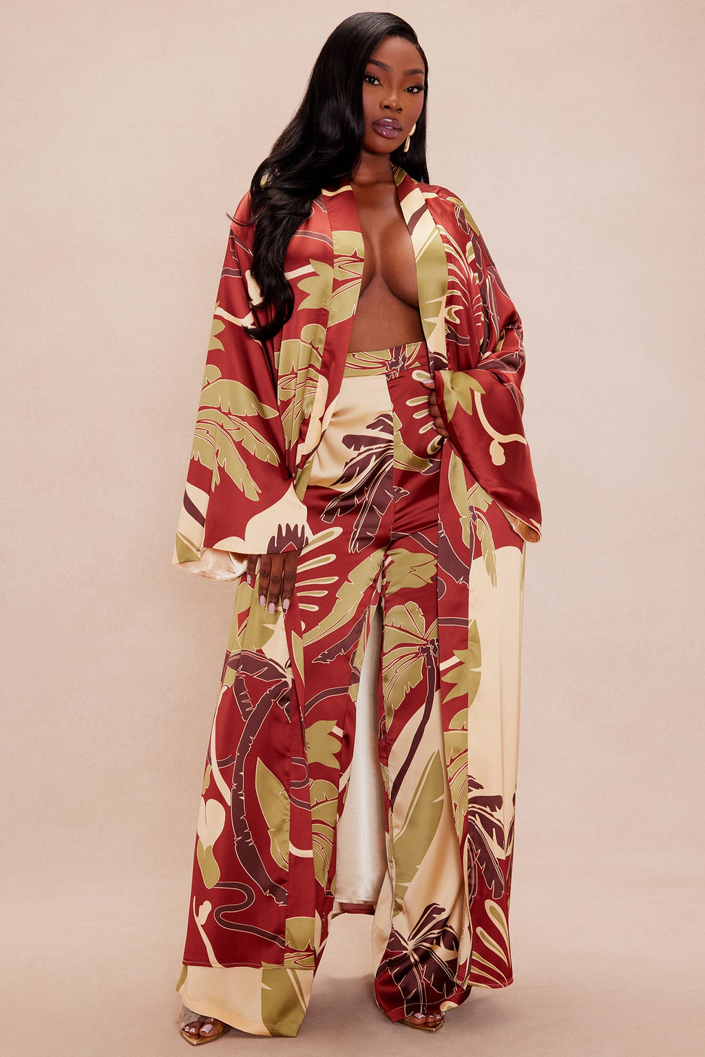 Safira Satin Kimono Pant Set - Rust/combo