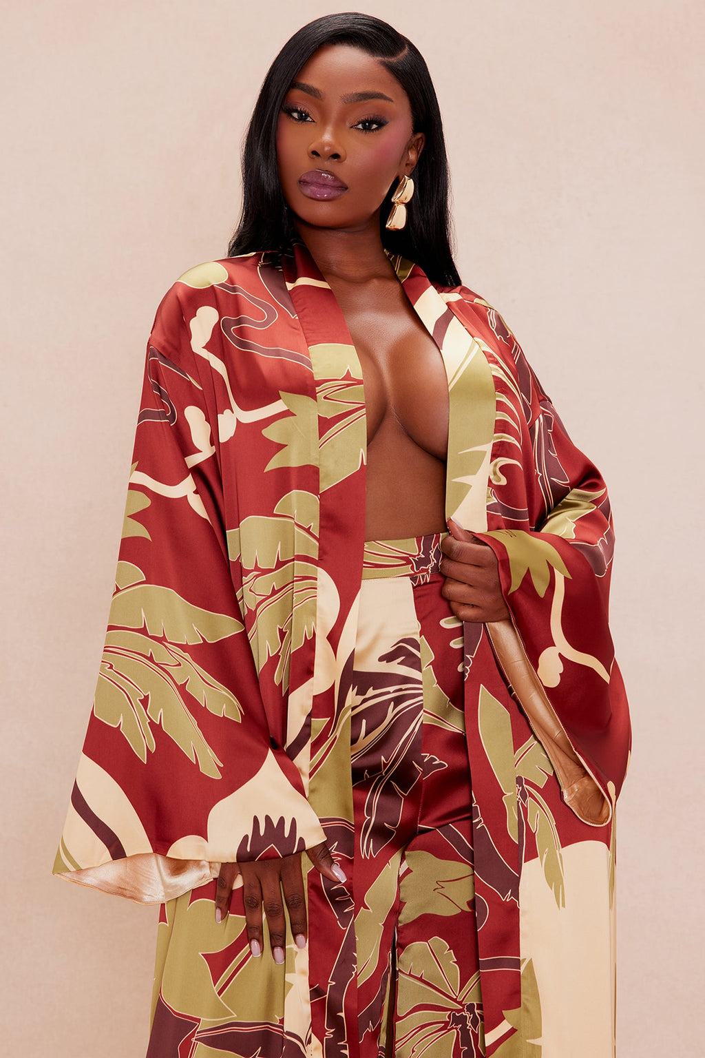 Safira Satin Kimono Pant Set - Rust/combo