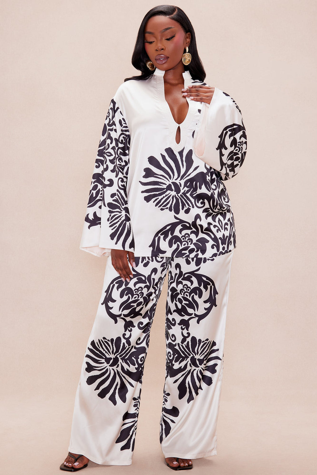 Abina Satin Wide Leg Pant Set - Cream/combo