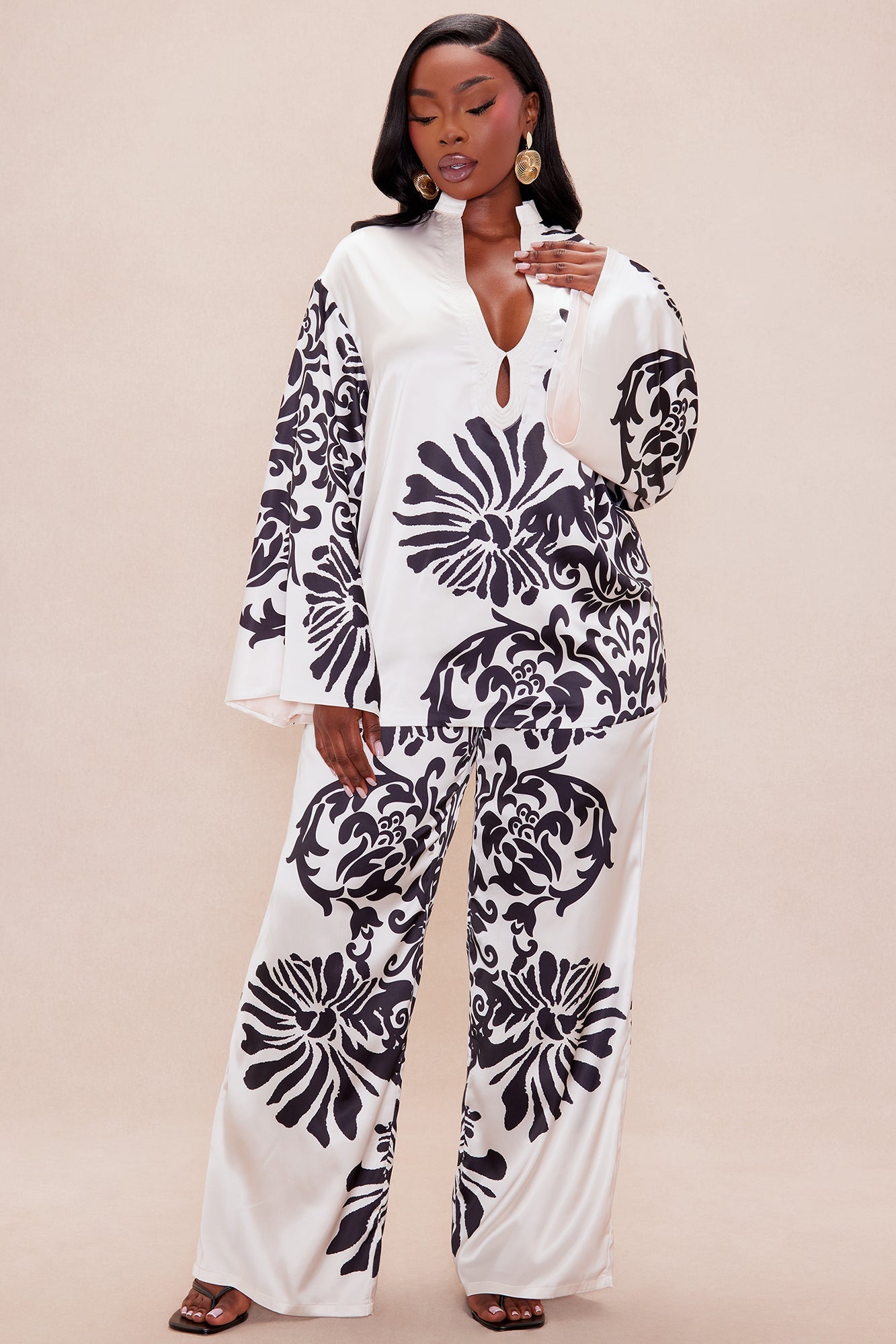 Abina Satin Wide Leg Pant Set - Cream/combo