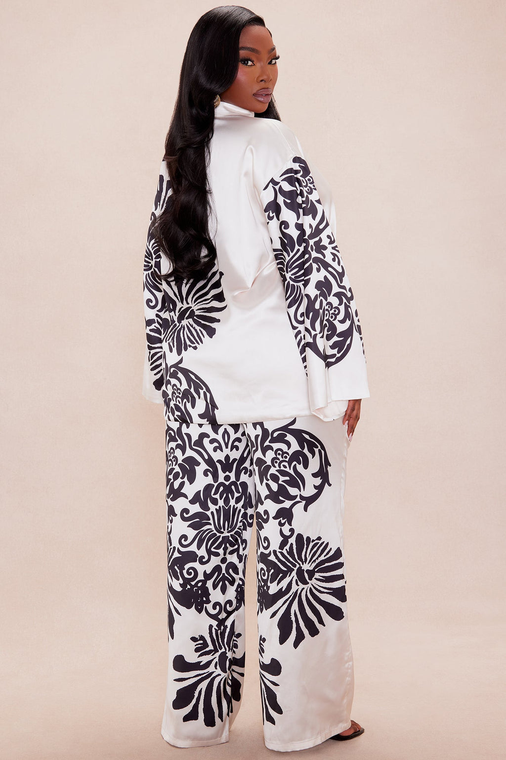 Abina Satin Wide Leg Pant Set - Cream/combo