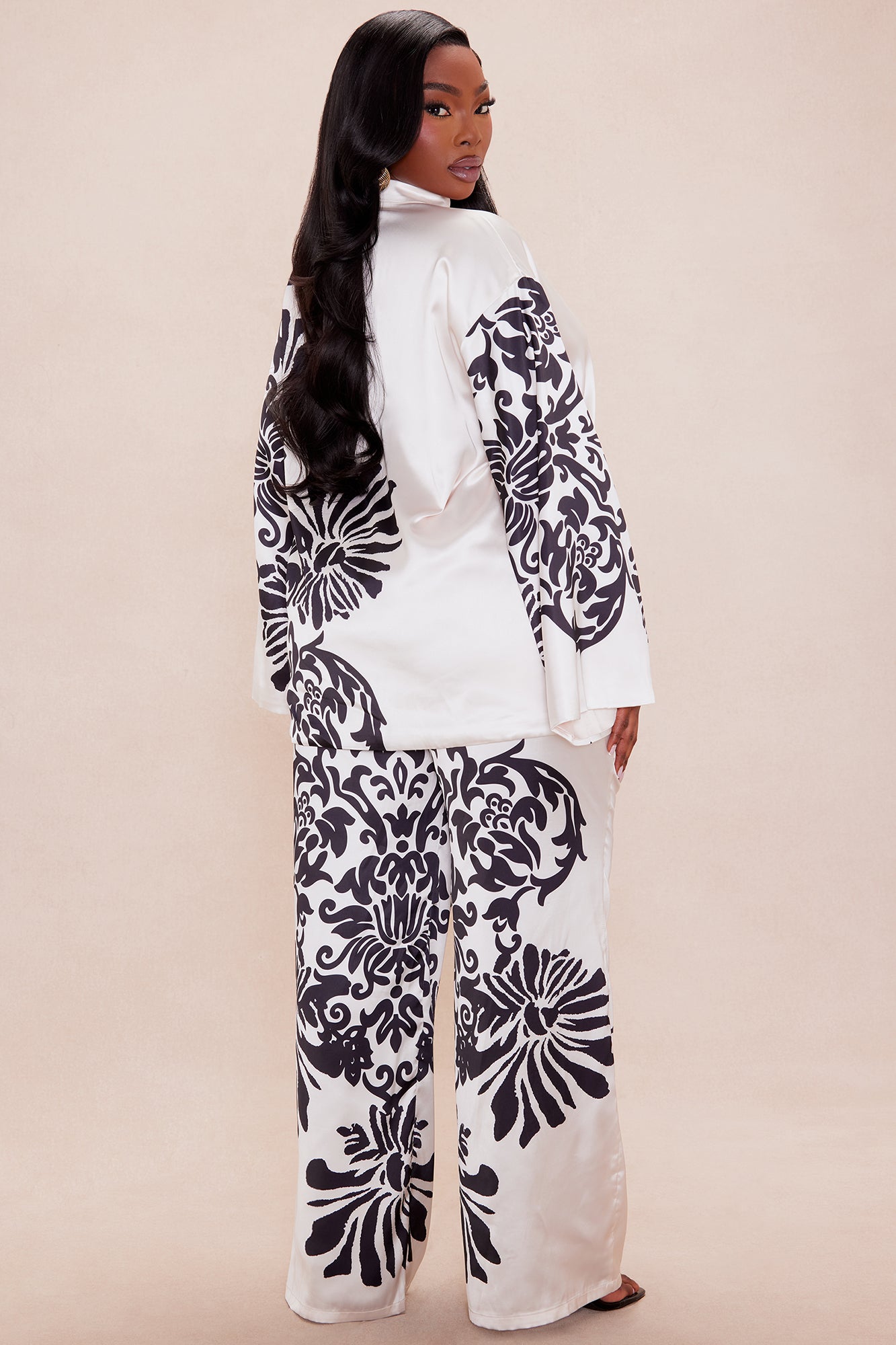 Abina Satin Wide Leg Pant Set - Cream/combo