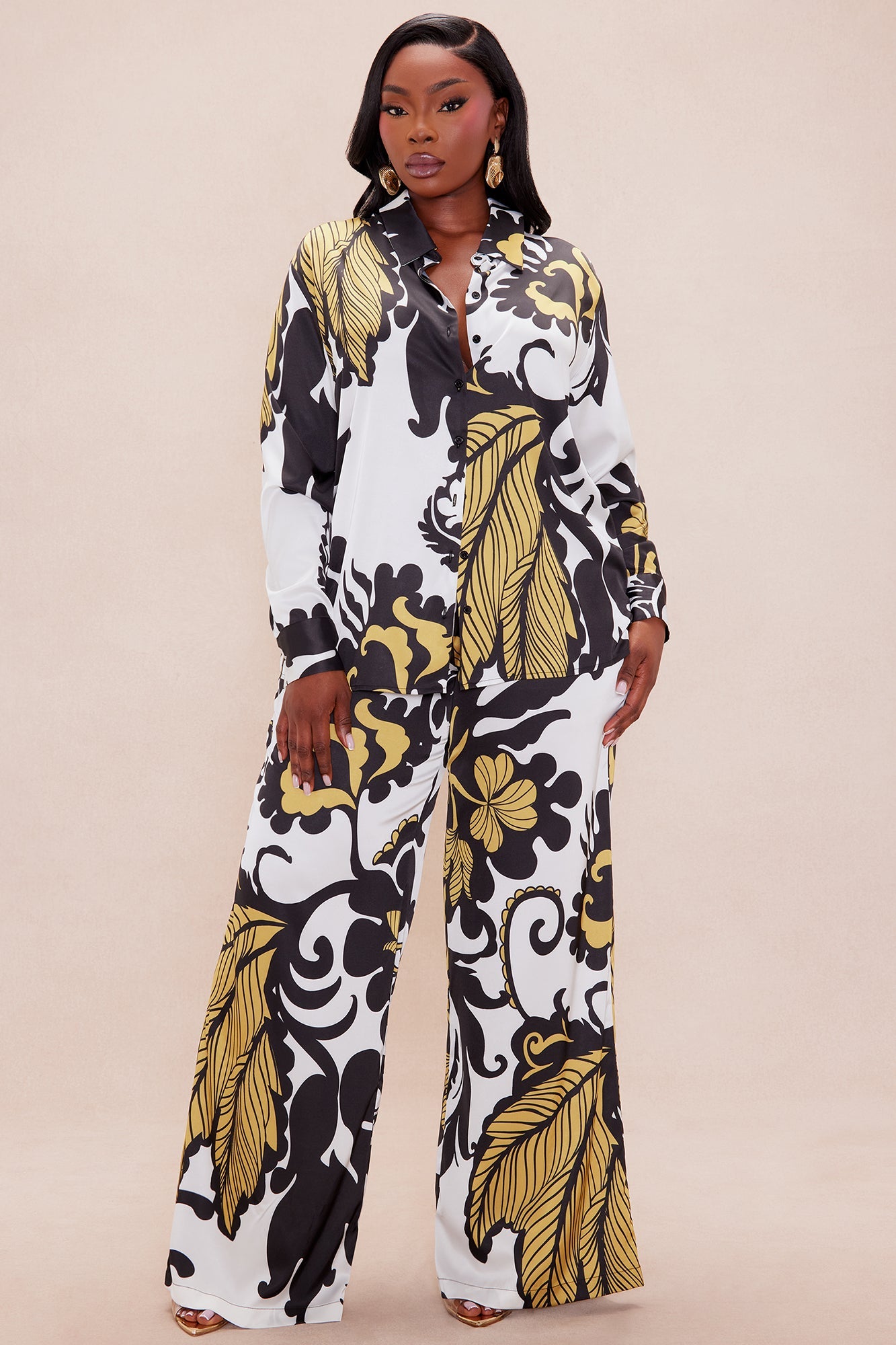 Adima Satin Wide Leg Pant Set - Gold/combo