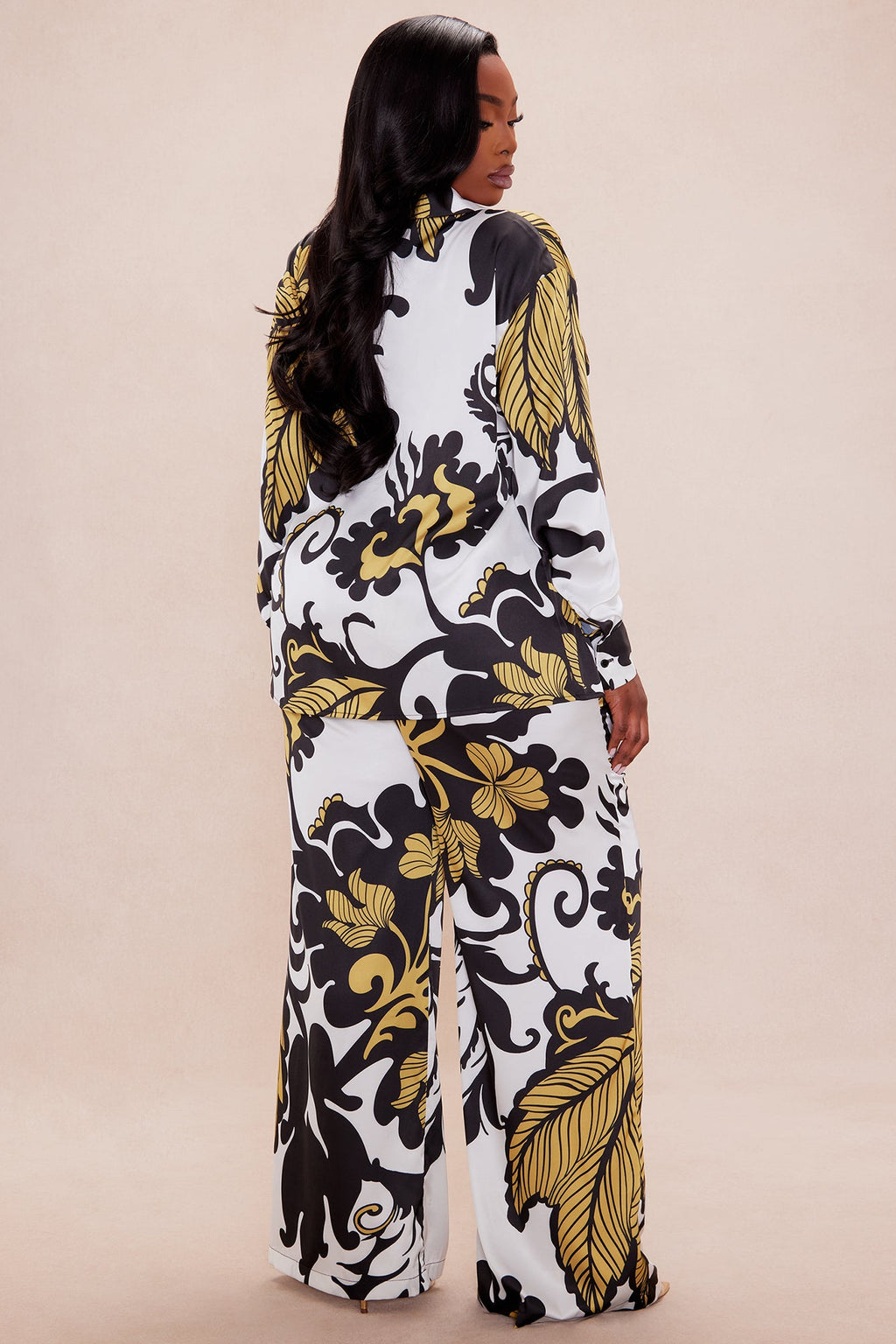 Adima Satin Wide Leg Pant Set - Gold/combo