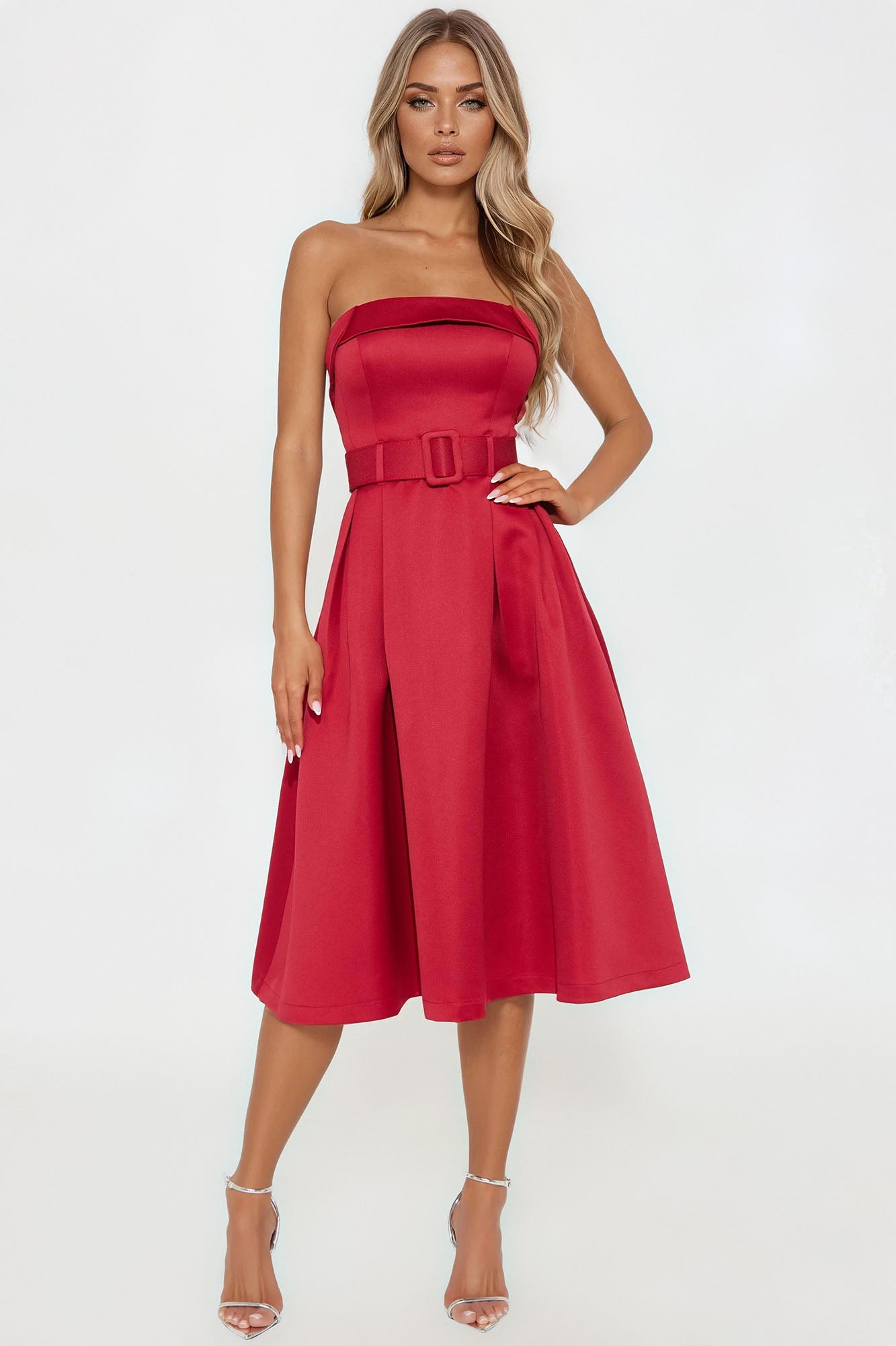 Arabella Belted Satin Midi Dress - Red