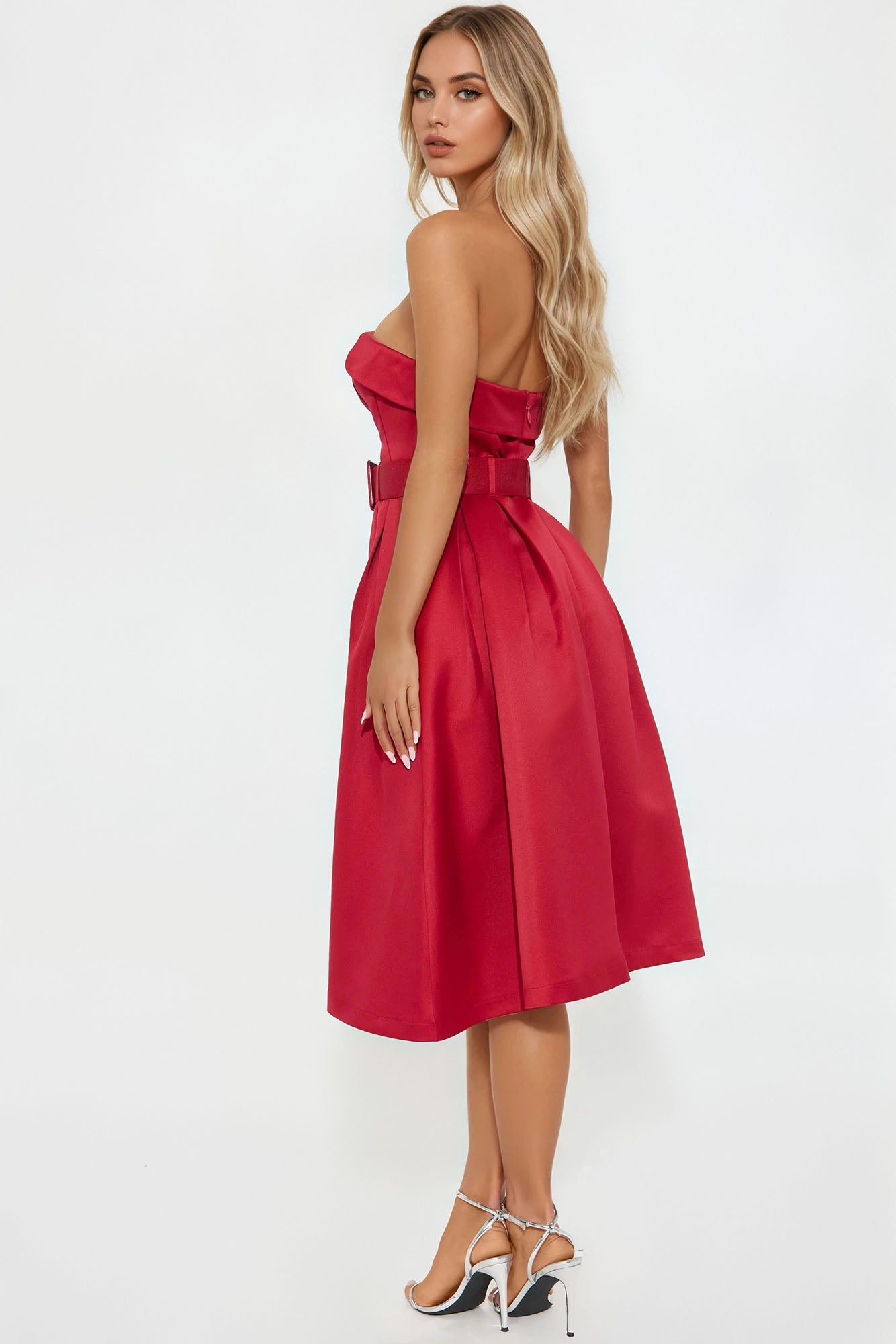 Arabella Belted Satin Midi Dress - Red