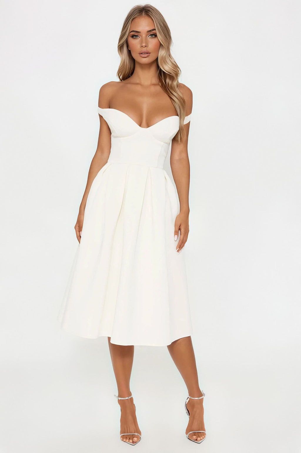 Grand Beauty Off Shoulder Midi Dress - Cream