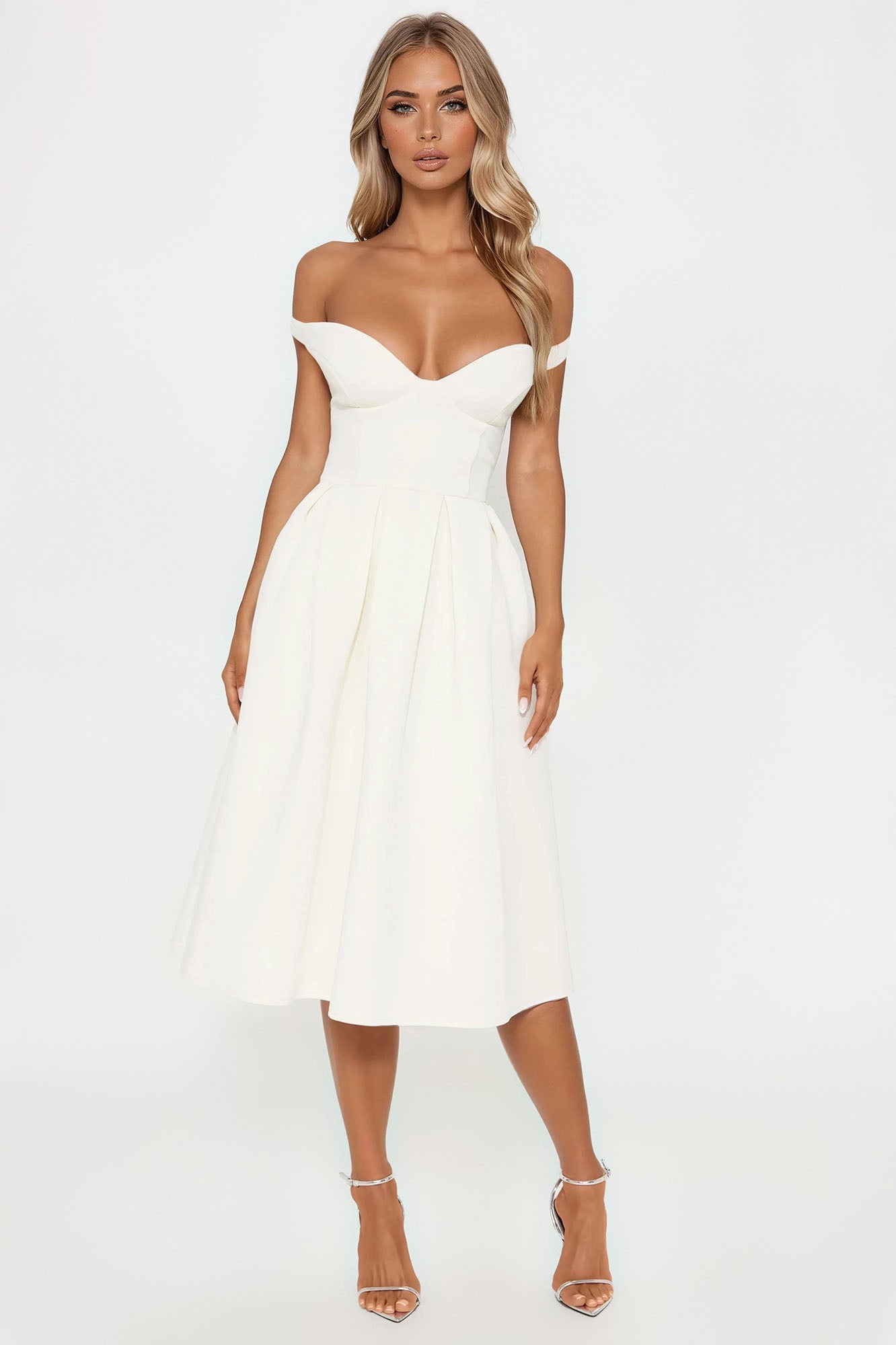 Grand Beauty Off Shoulder Midi Dress - Cream