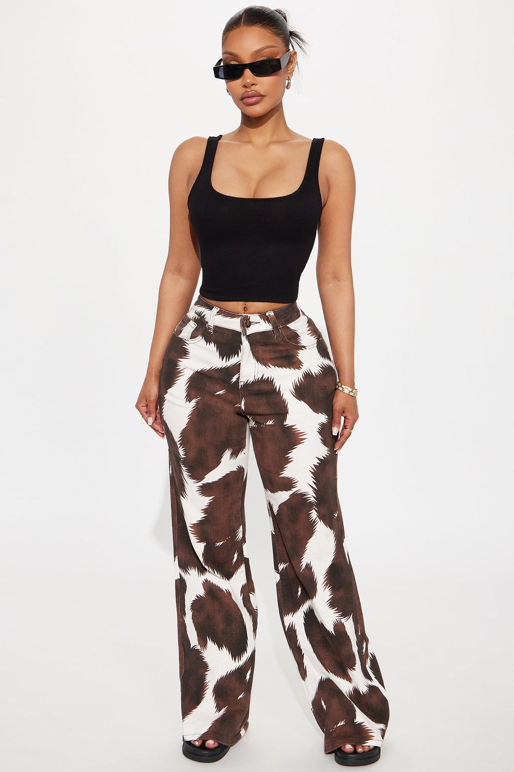 Horsing Around Printed Flare Jeans - Brown/combo