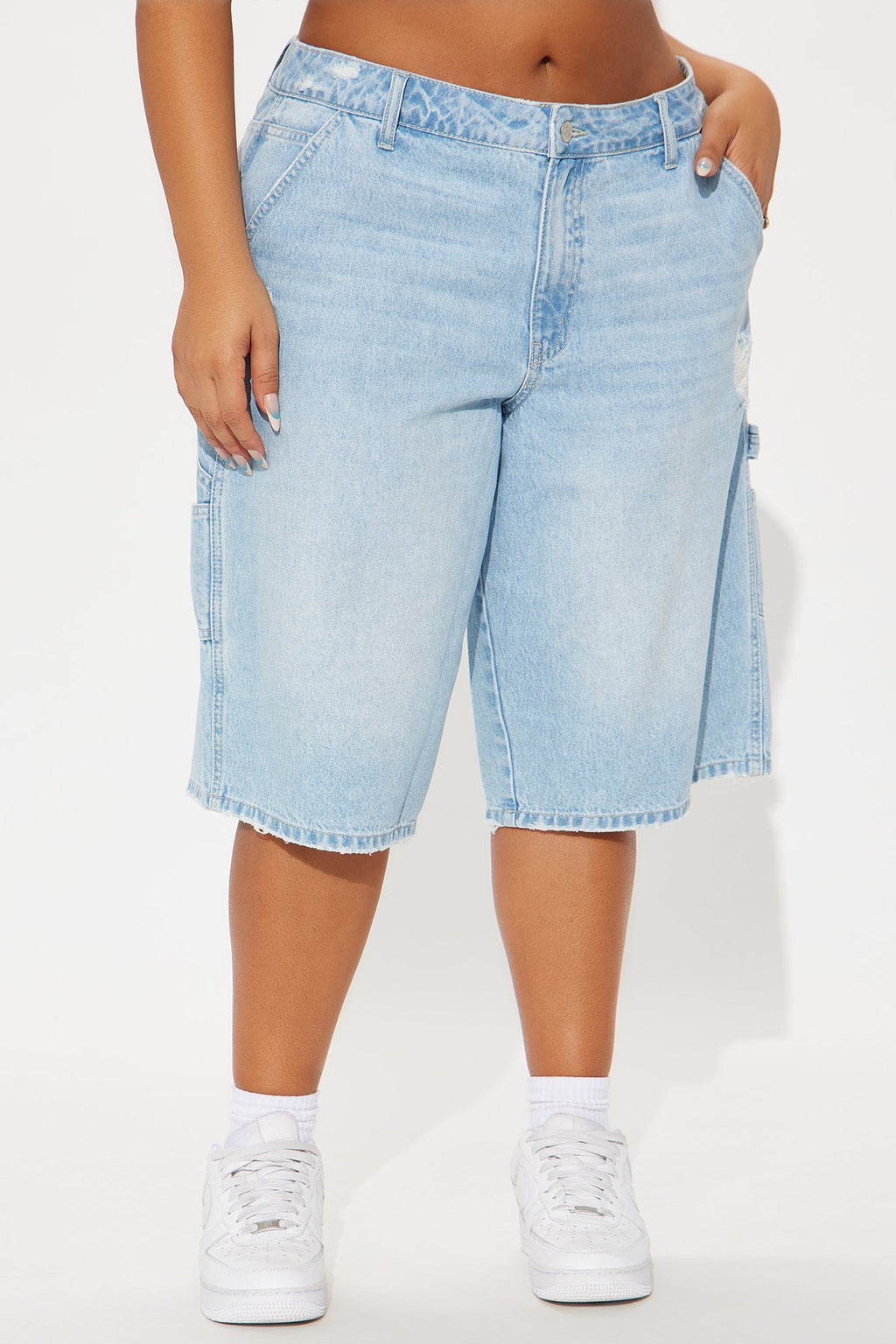 Talking About Me Ripped Carpenter Denim Jorts - Light Wash
