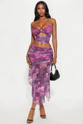 Alexandra Snake Print Mesh Halter Top Skirt Set - Magenta
