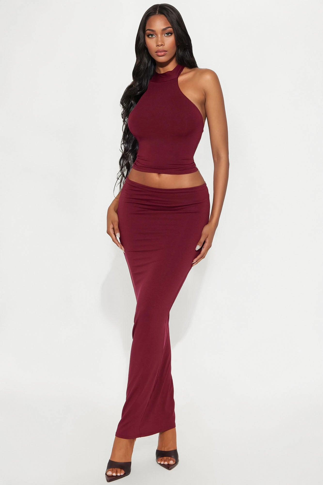 Sofia Backless Halter Maxi Skirt Set - Wine