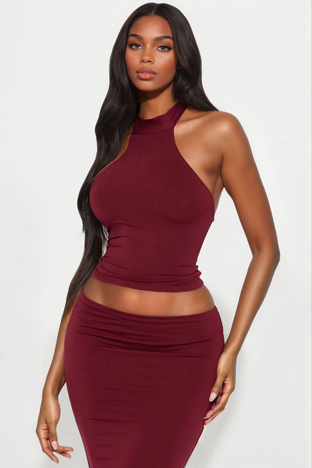 Sofia Backless Halter Maxi Skirt Set - Wine