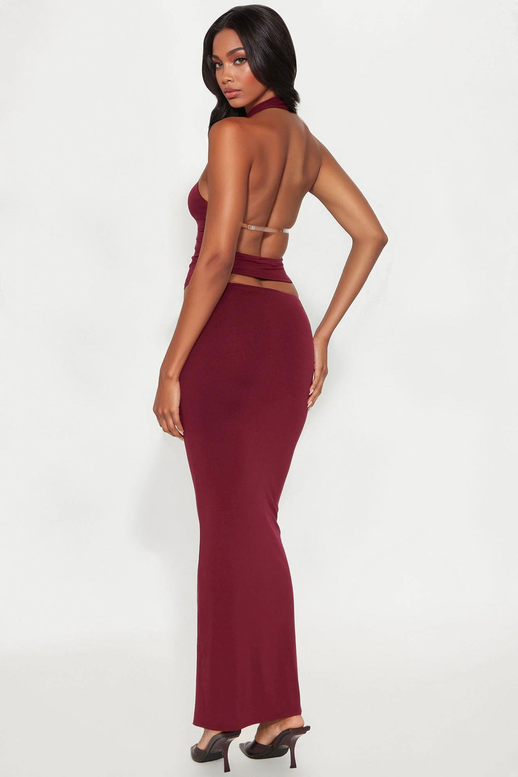 Sofia Backless Halter Maxi Skirt Set - Wine