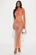Diana Sheer Sequin Cowl Neck Maxi Dress - Orange