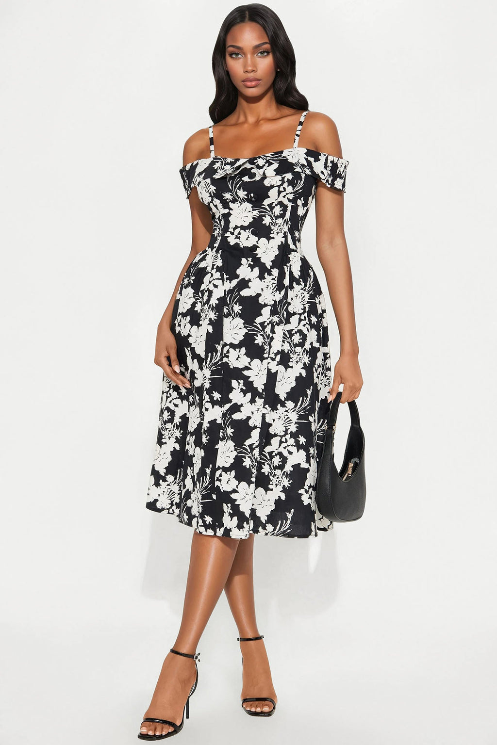 Well Wishes Floral Poplin Midi Dress - Black/White