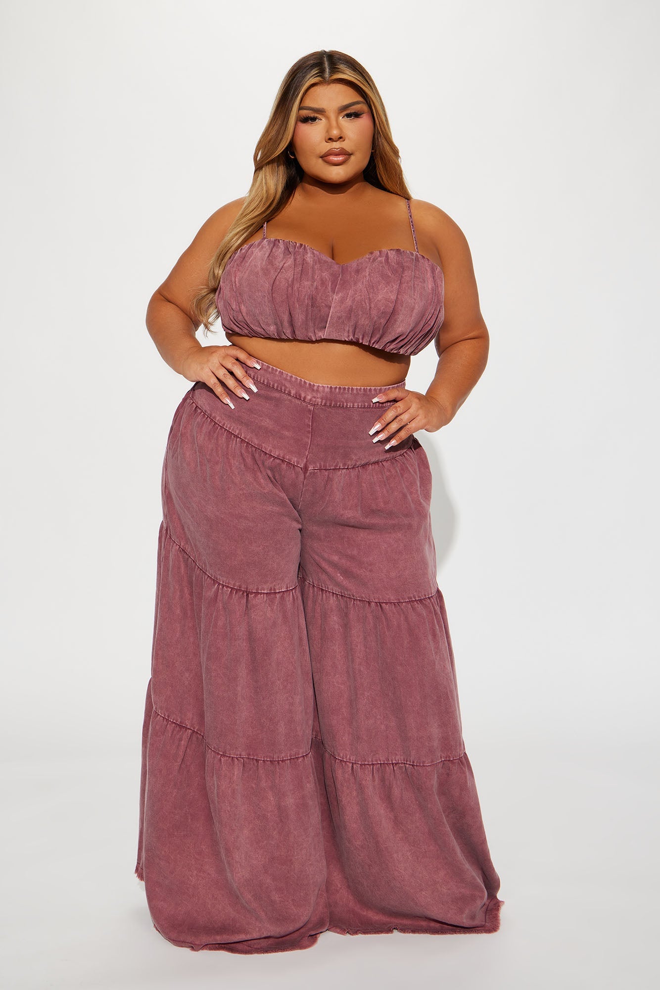 Olivia Washed Pant Set - Burgundy