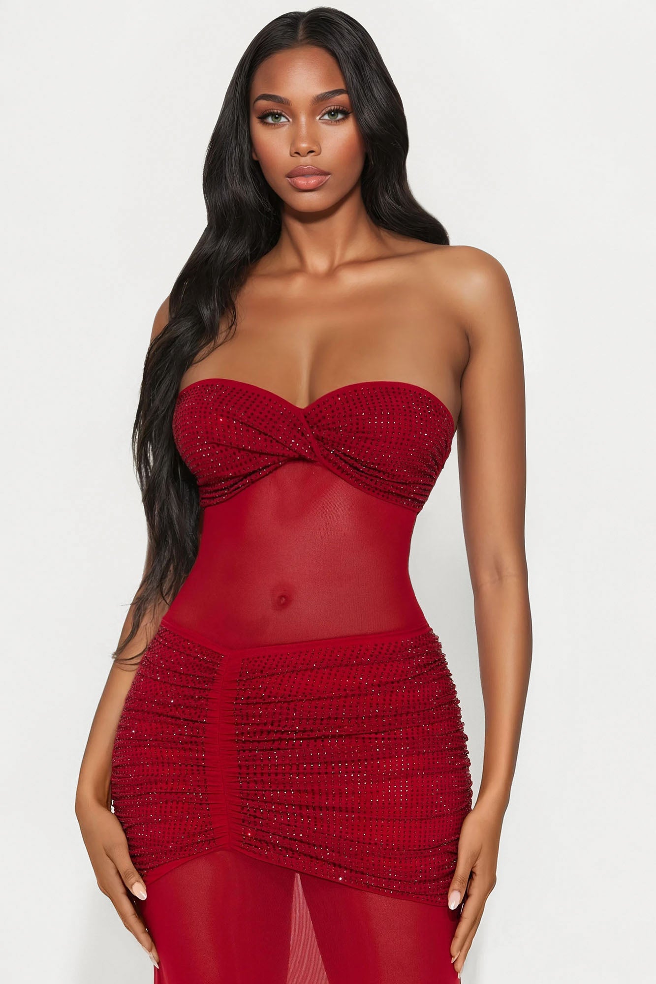 Tiana Embellished Mesh Maxi Dress - Wine