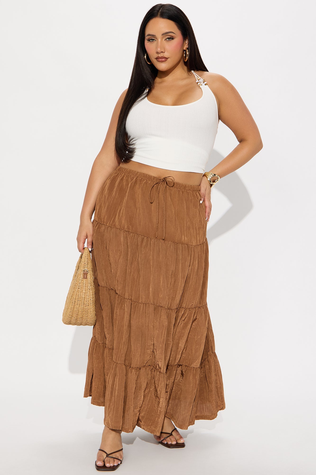Joy Pleated Satin Tiered Maxi Skirt - Brown