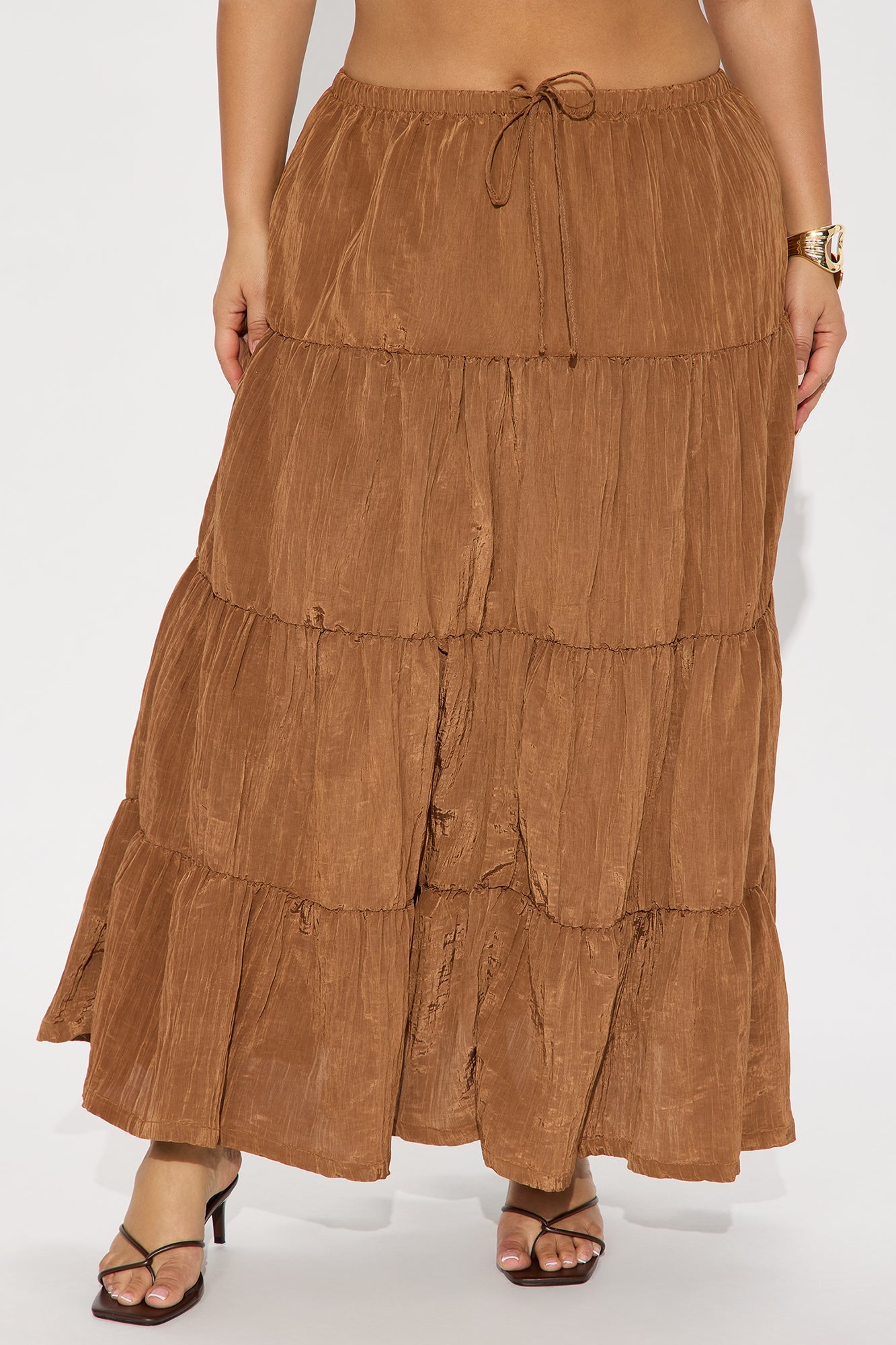 Joy Pleated Satin Tiered Maxi Skirt - Brown