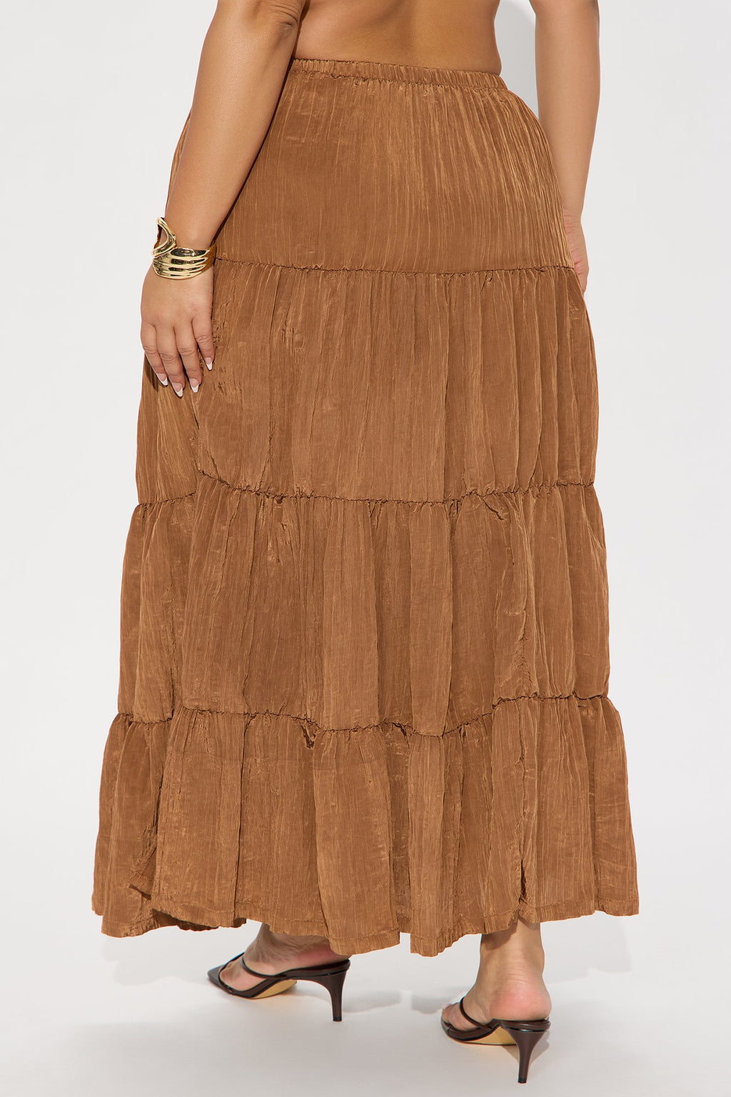 Joy Pleated Satin Tiered Maxi Skirt - Brown