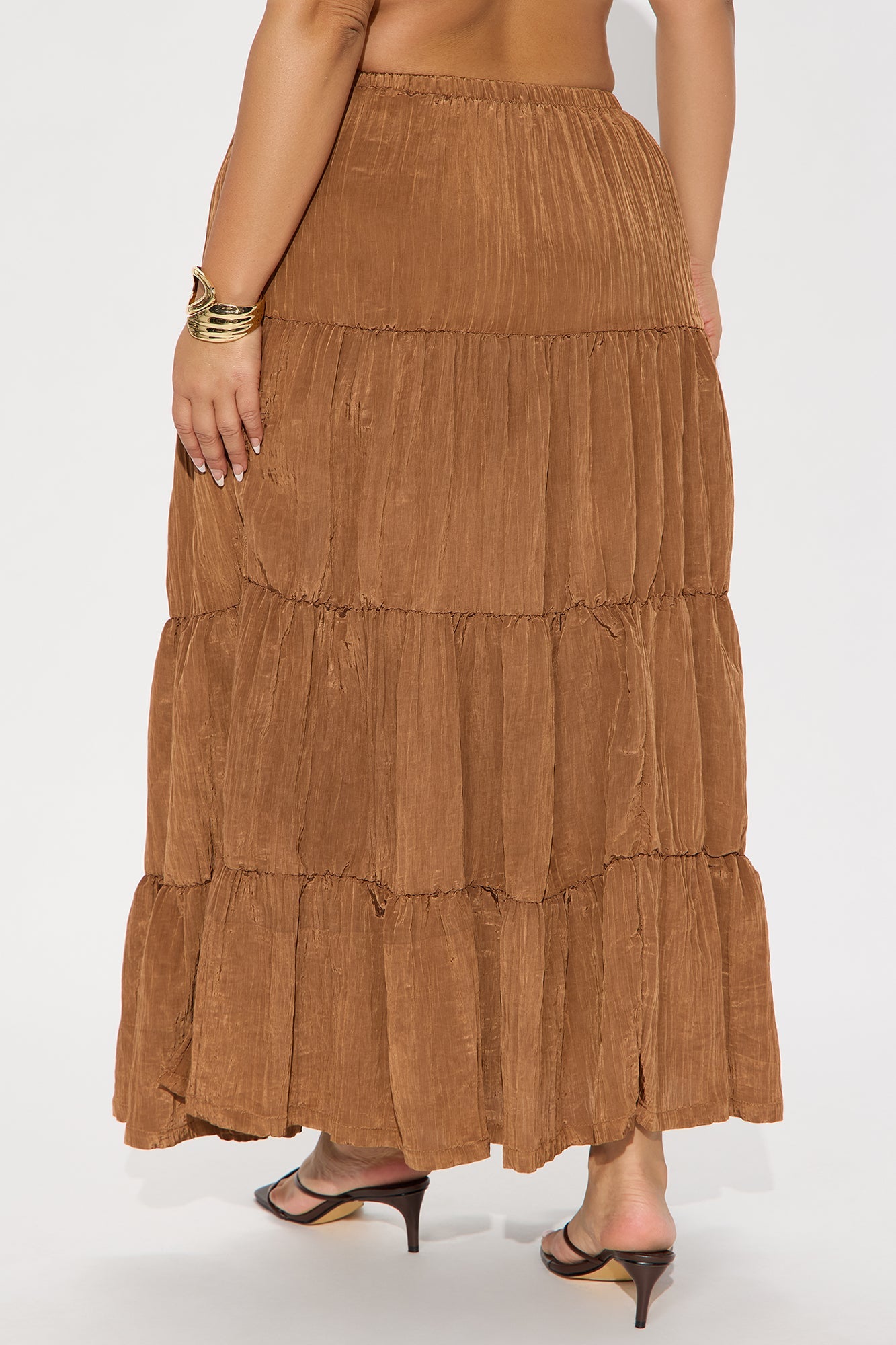 Joy Pleated Satin Tiered Maxi Skirt - Brown