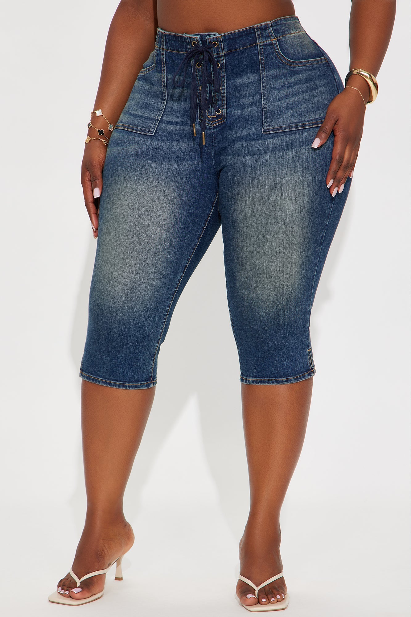 Leveled Up Lace Up Stretch Denim Capris - Dark Wash