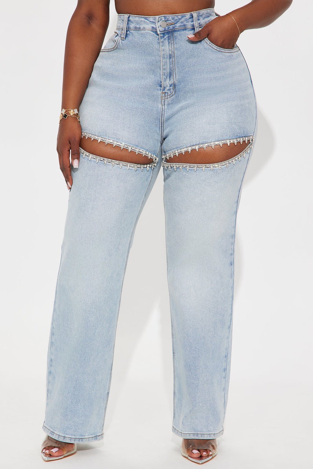 You Belong With Me Stretch Embellished Straight Leg Jeans - Light Wash