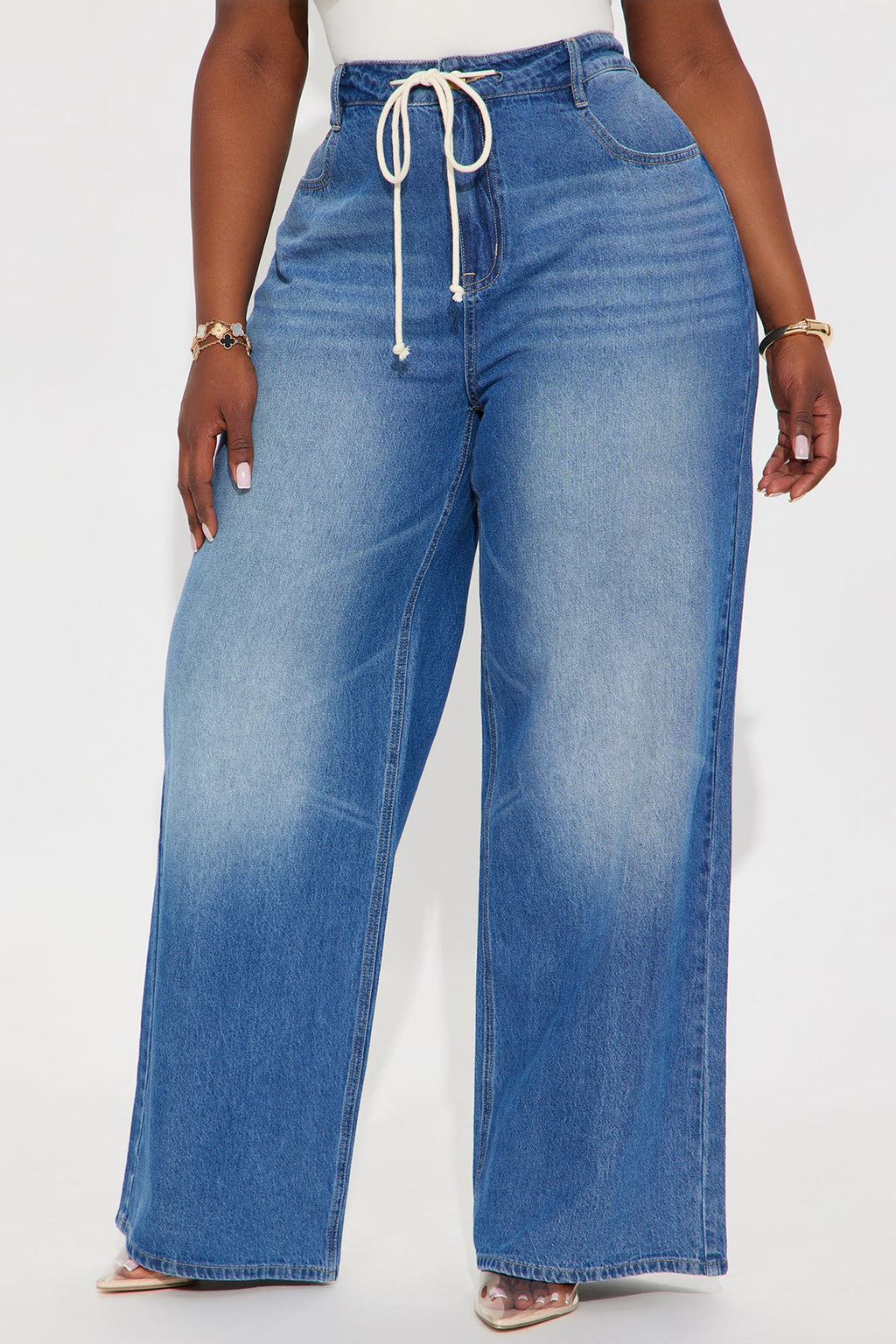 Bondi Girl Tie Waist Drapey Wide Leg Jeans - Medium Wash