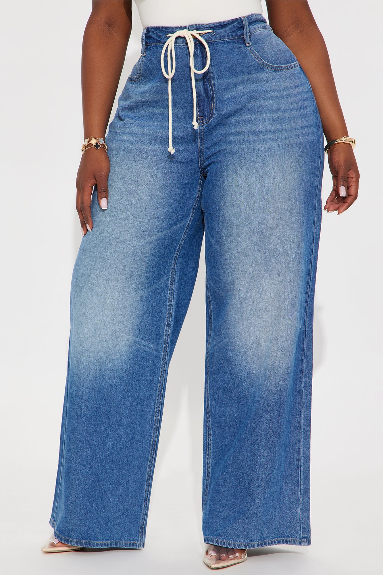 Bondi Girl Tie Waist Drapey Wide Leg Jeans - Medium Wash