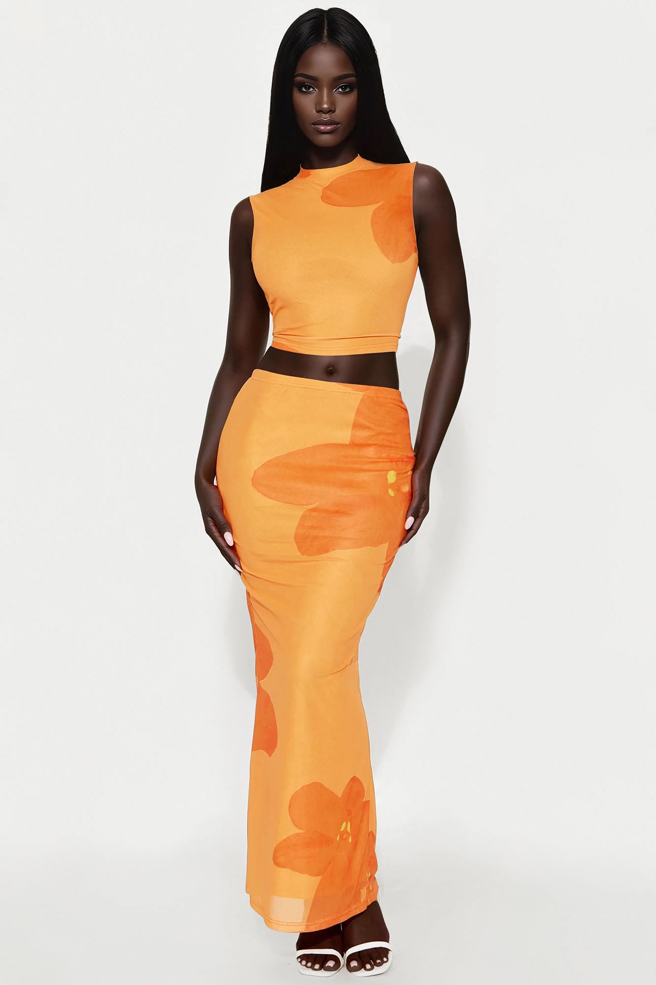 Orchid Vibes Mesh Tank Top and Skirt Set - Orange/combo