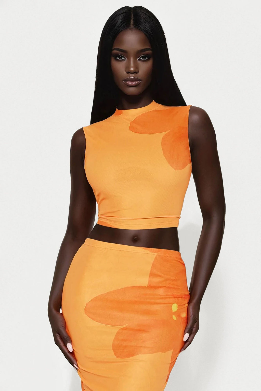 Orchid Vibes Mesh Tank Top and Skirt Set - Orange/combo