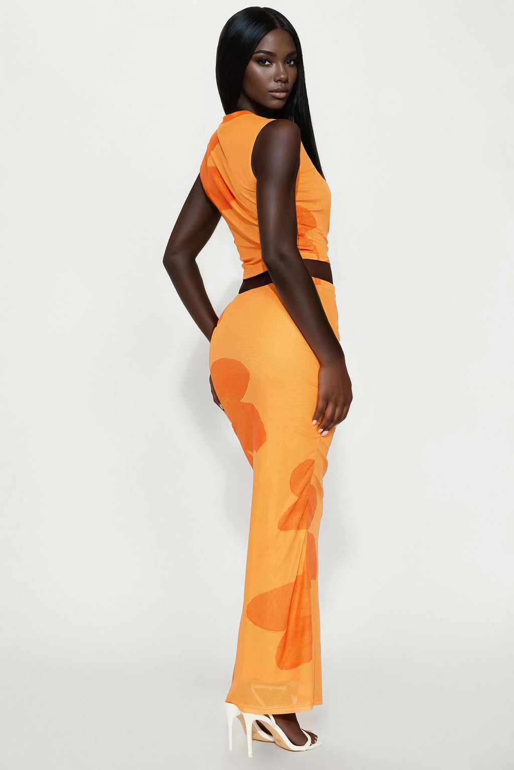 Orchid Vibes Mesh Tank Top and Skirt Set - Orange/combo