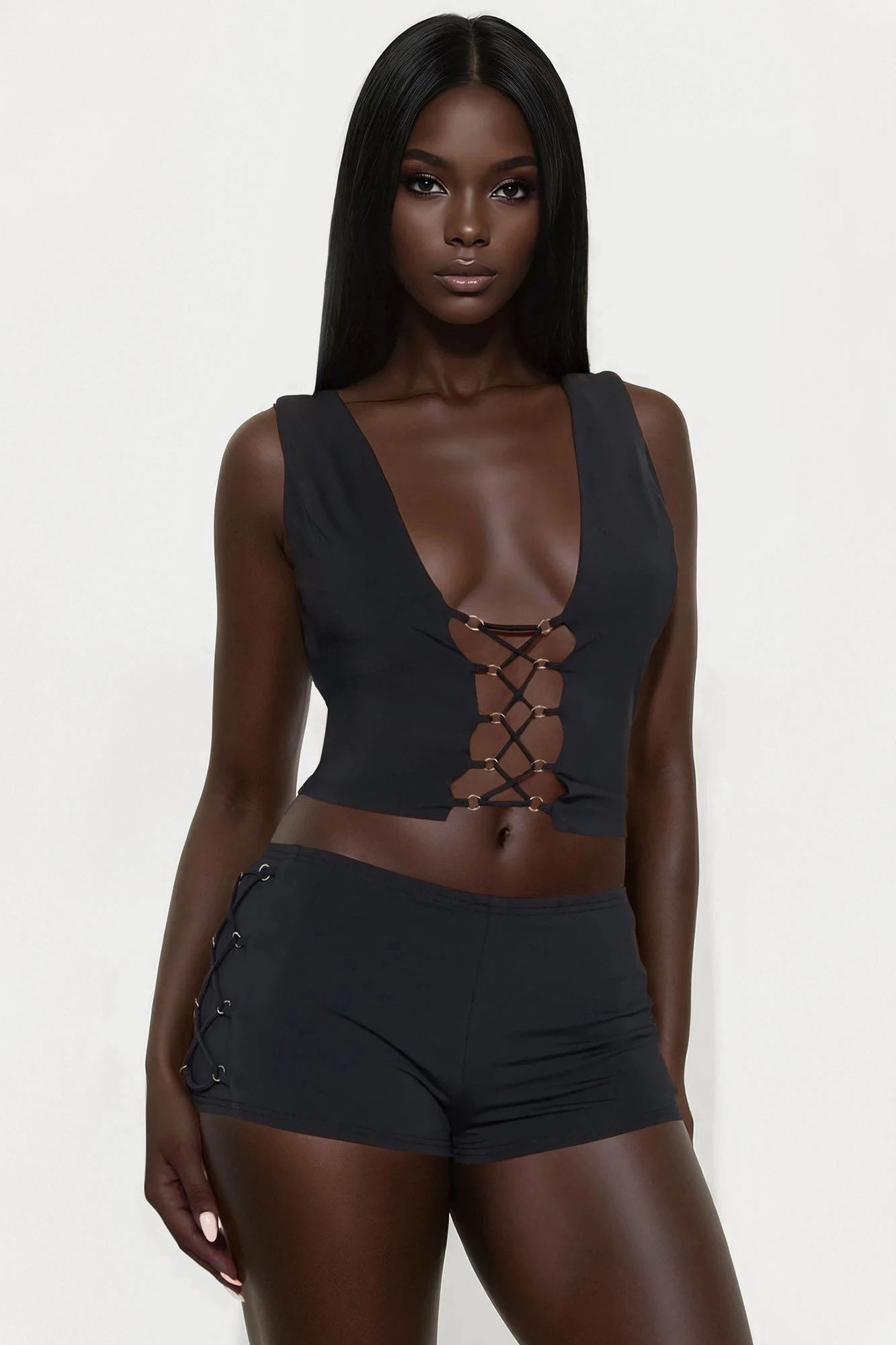 Sexy Stunner Lace Up Micro Short Set - Black