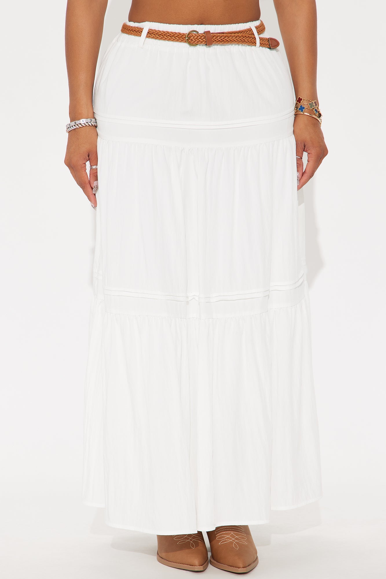 Jasinda Belted Tiered Gauze Midi Skirt - White