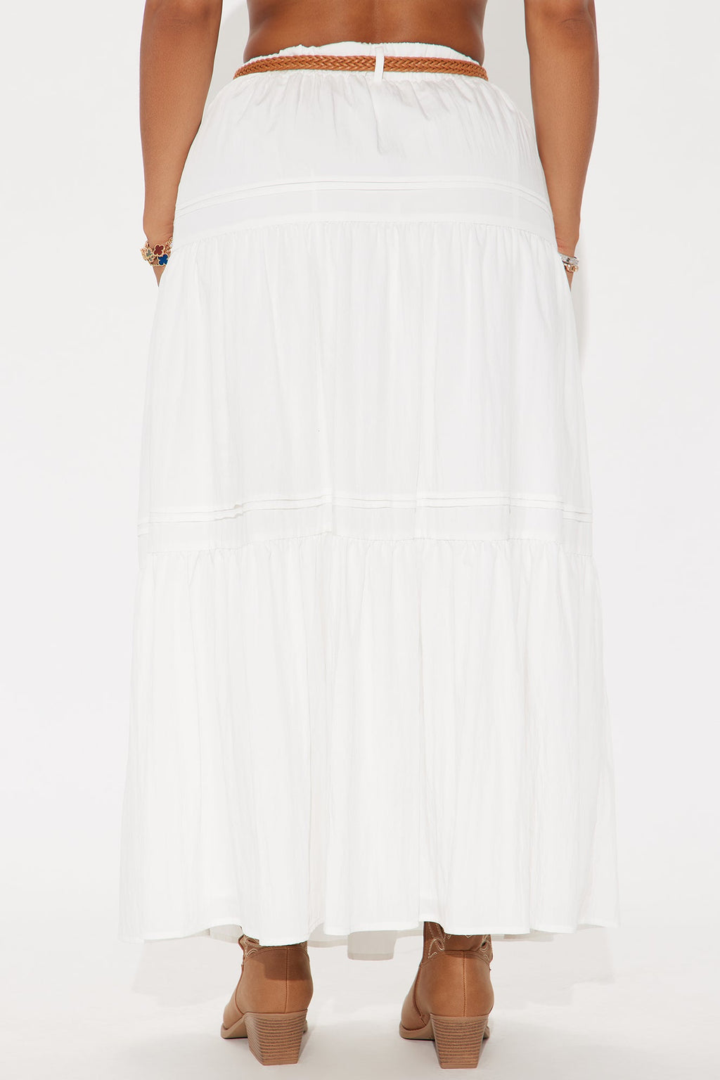 Jasinda Belted Tiered Gauze Midi Skirt - White