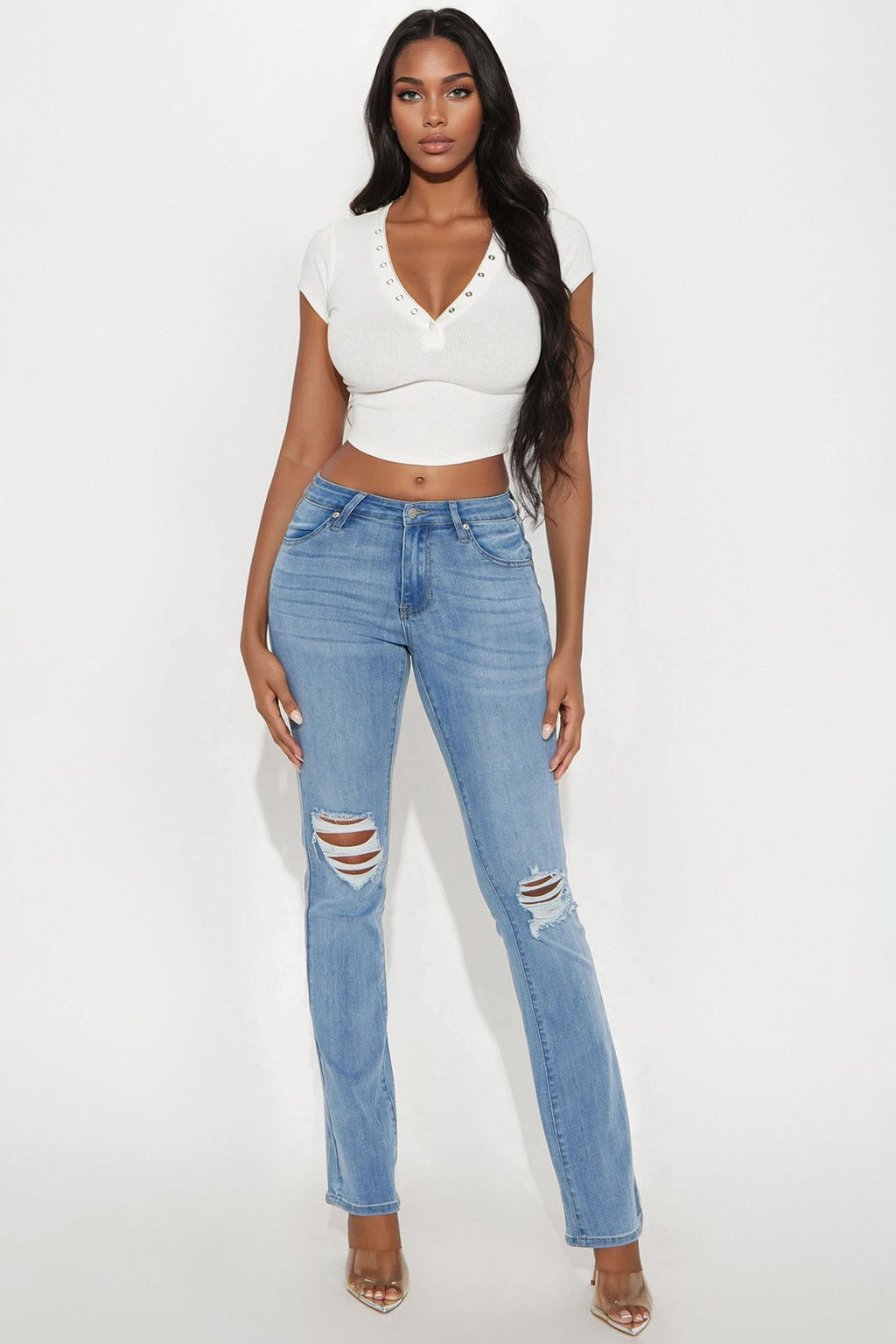 Tall Jessie Mid Rise Distressed Bootcut Jean - Light Blue Wash