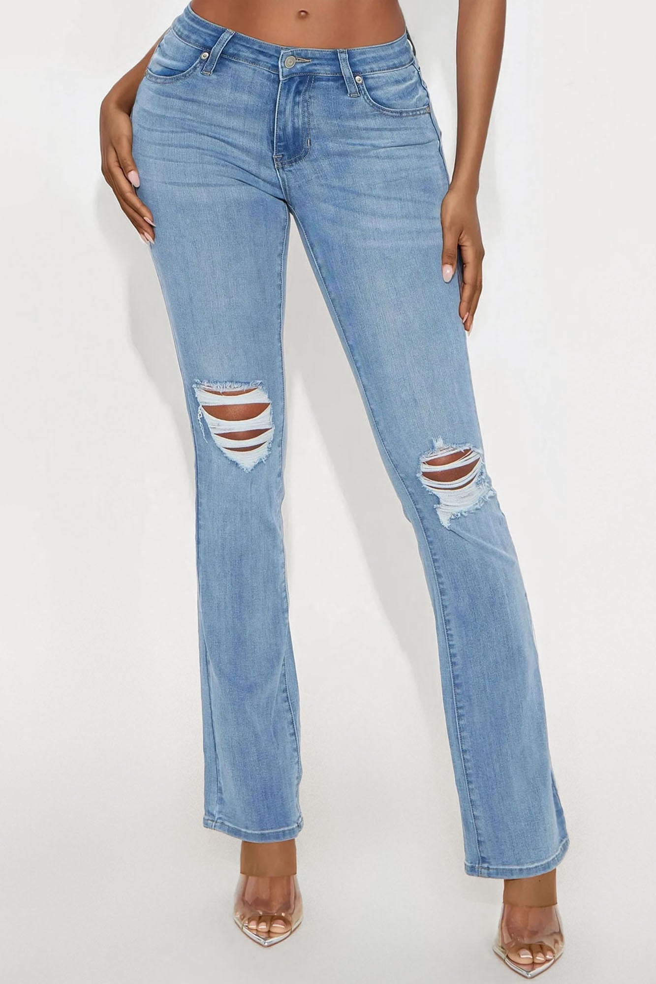 Tall Jessie Mid Rise Distressed Bootcut Jean - Light Blue Wash