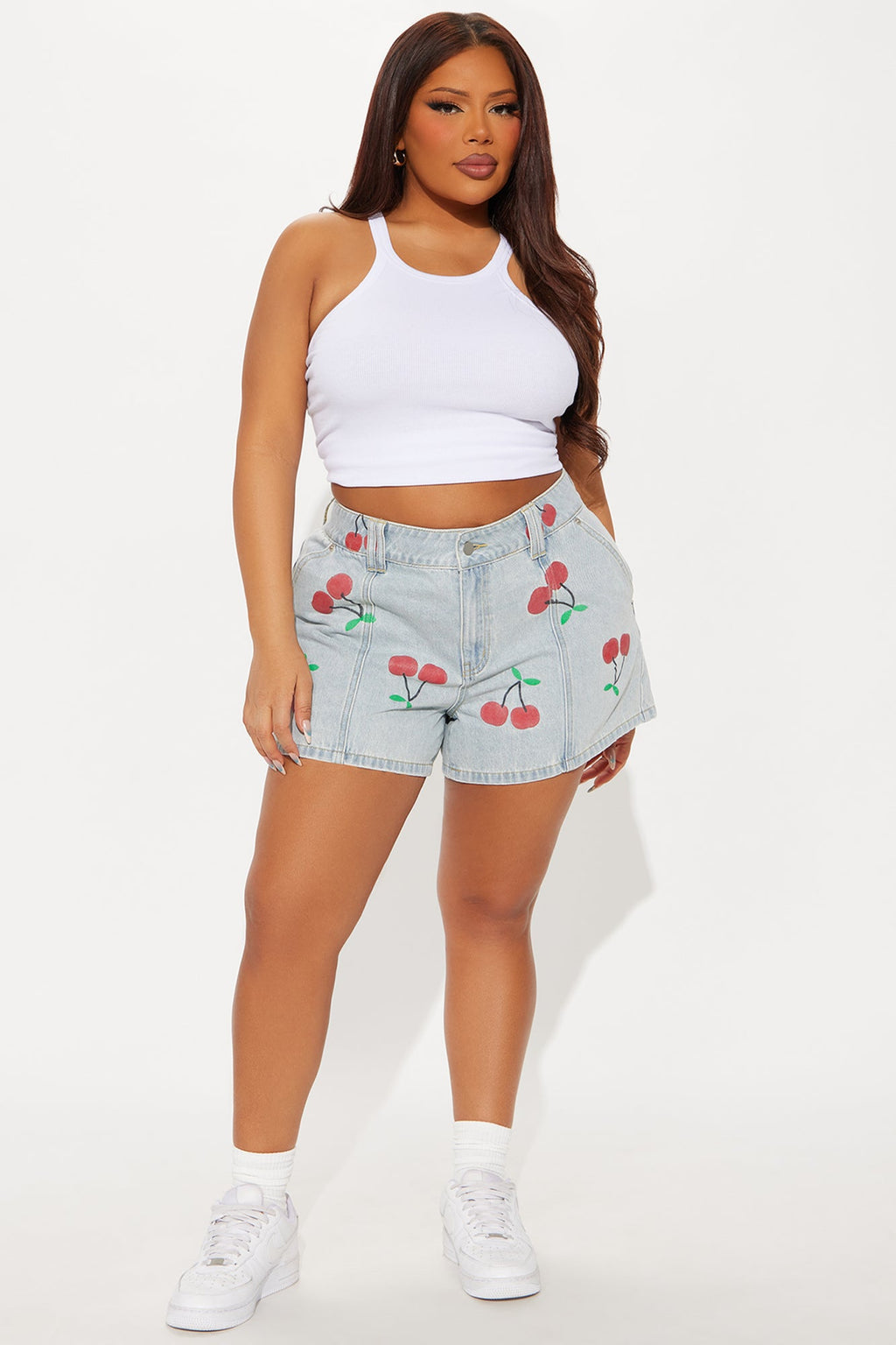 Cherry On Top Printed Denim Shorts - Light Wash