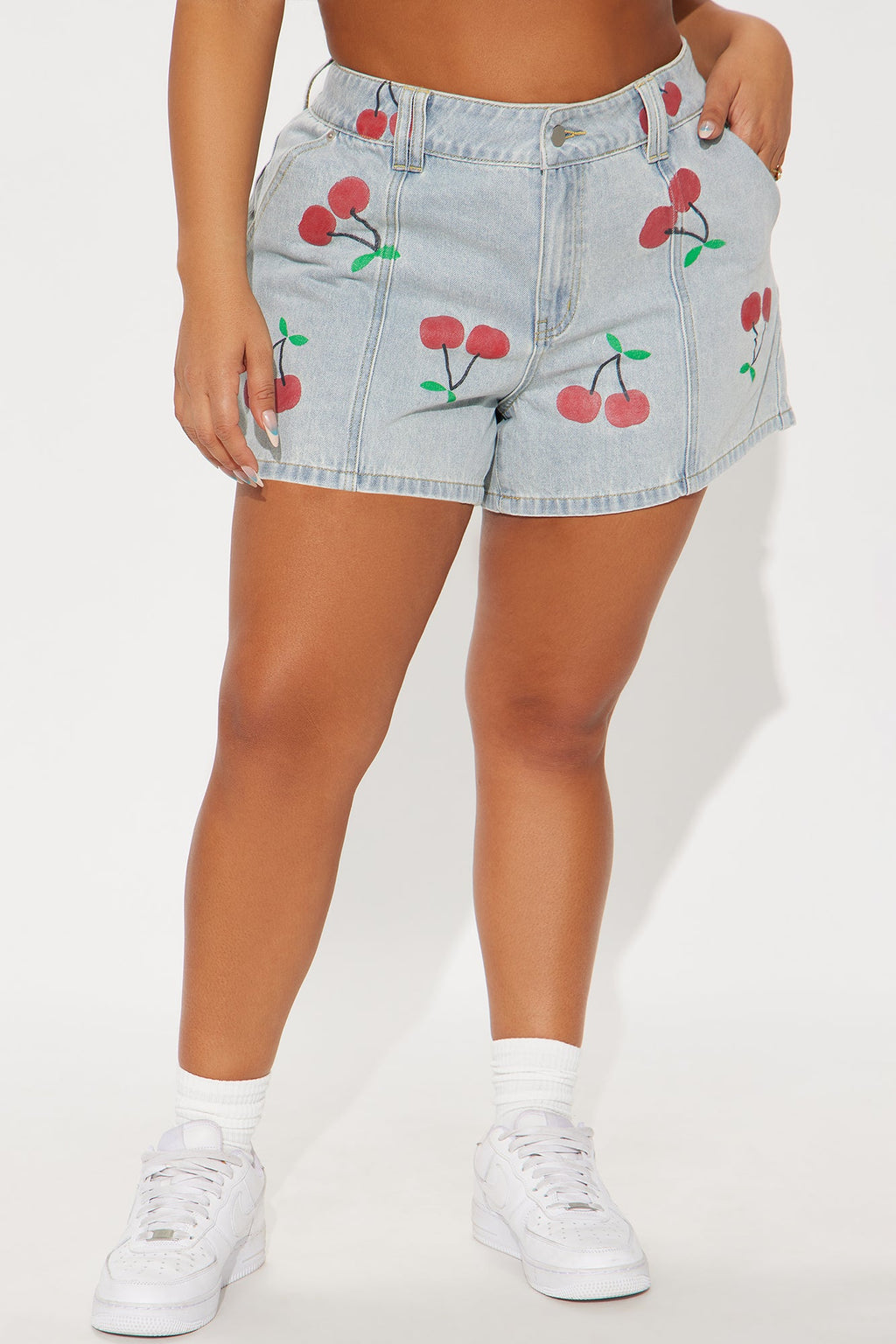 Cherry On Top Printed Denim Shorts - Light Wash