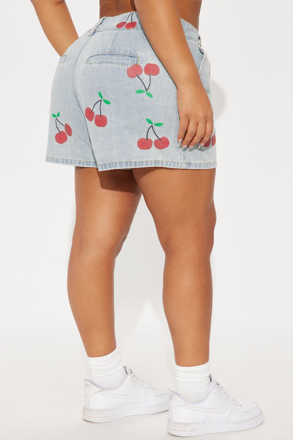 Cherry On Top Printed Denim Shorts - Light Wash